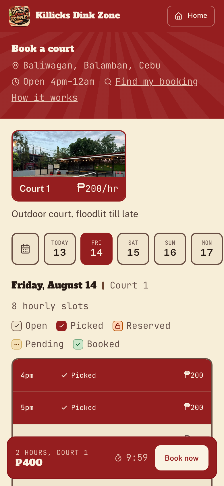 Court photos and the date strip above a schedule board, with two hours picked in red and the running total in the bottom bar