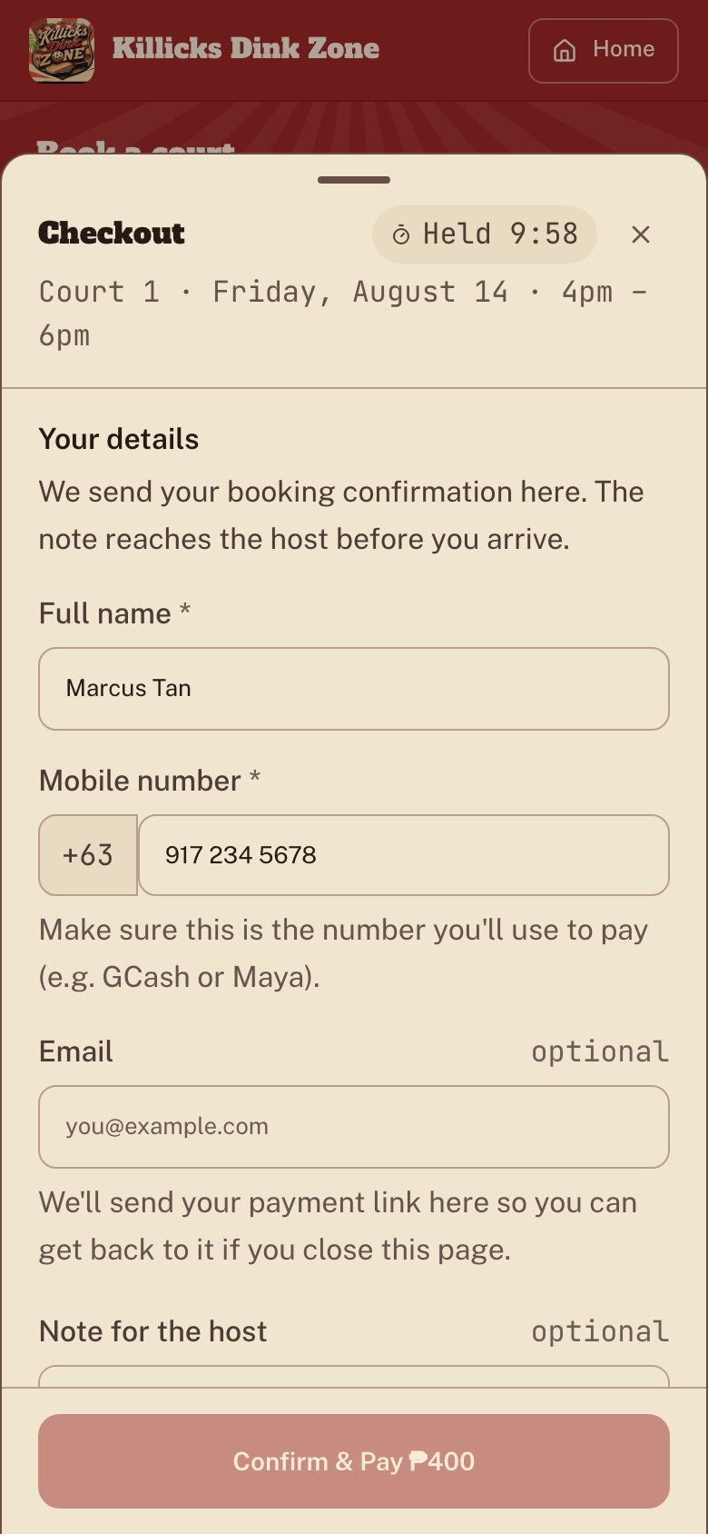 Checkout sheet open with the name and mobile number filled in