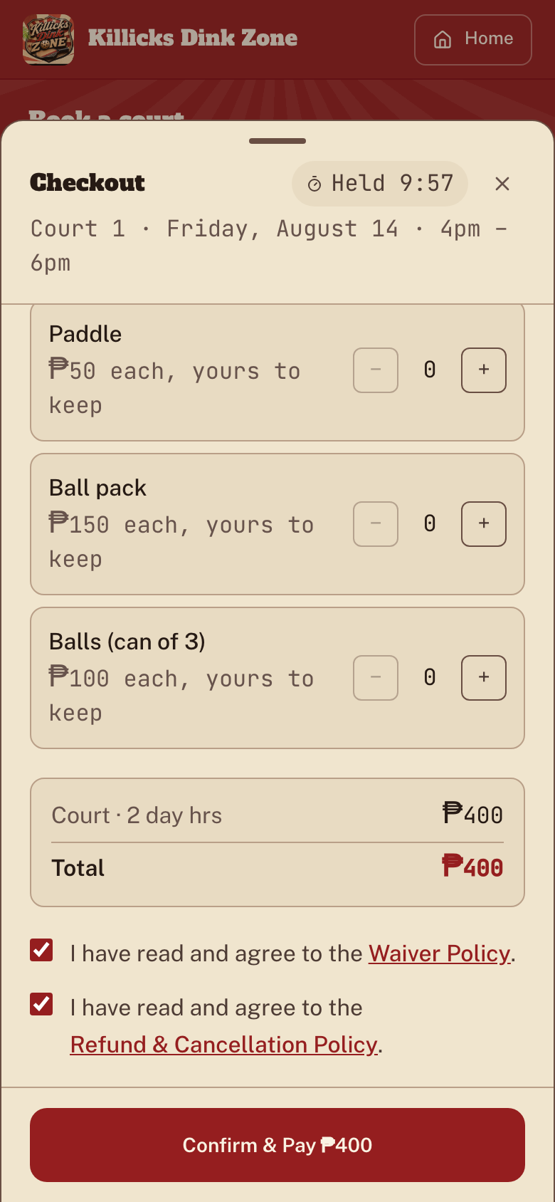Checkout sheet scrolled to equipment, the order total, and both policy boxes ticked