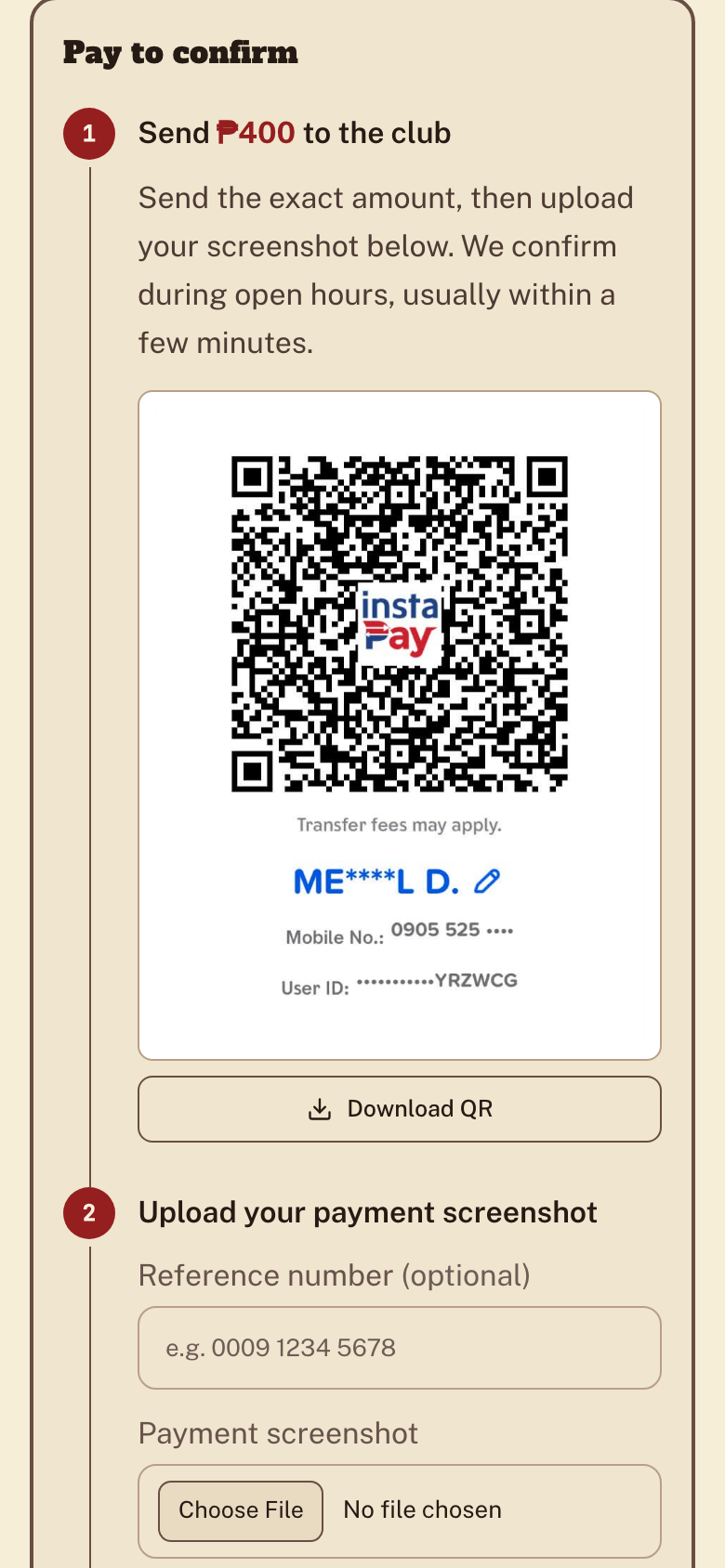 Pay step showing the amount to send and the venue GCash QR code