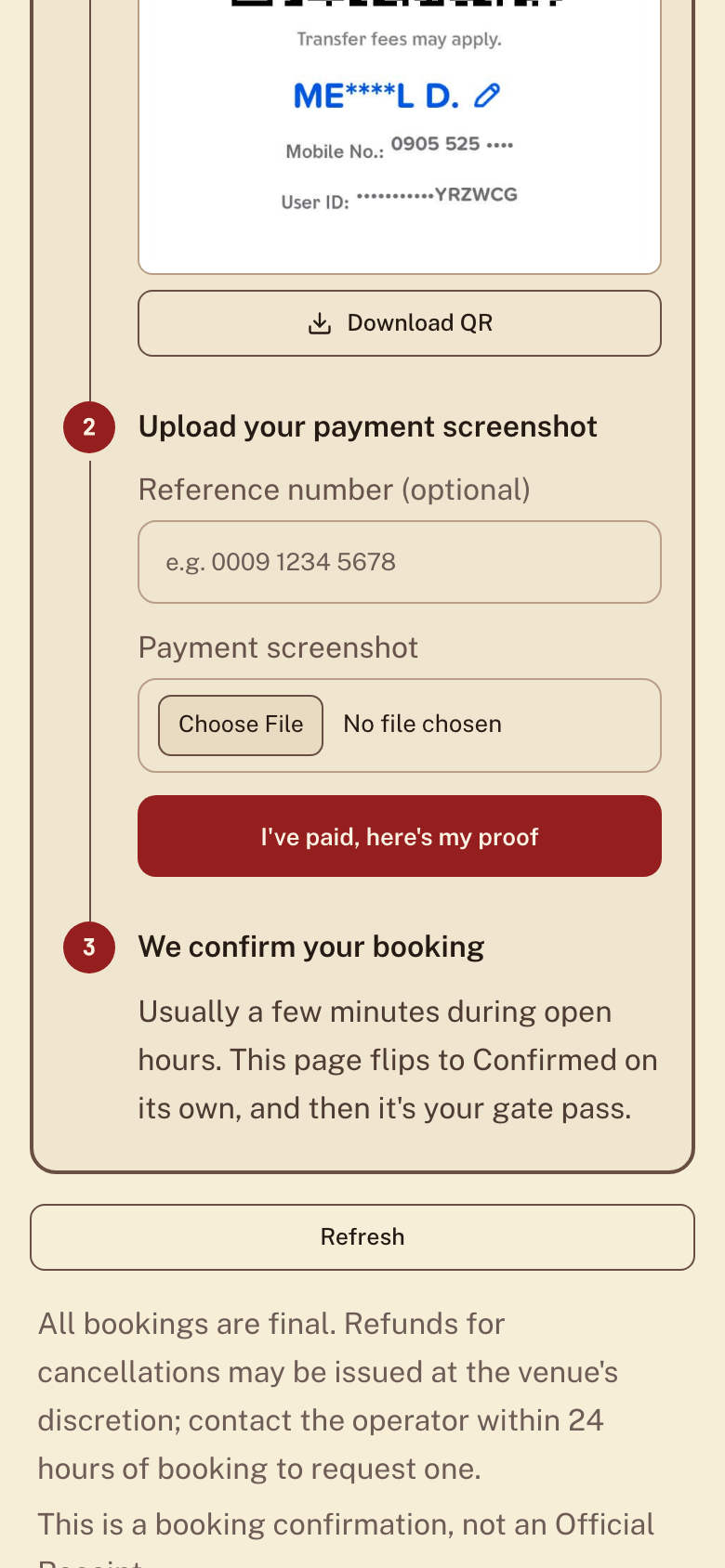 Upload step with the reference number field and payment screenshot picker