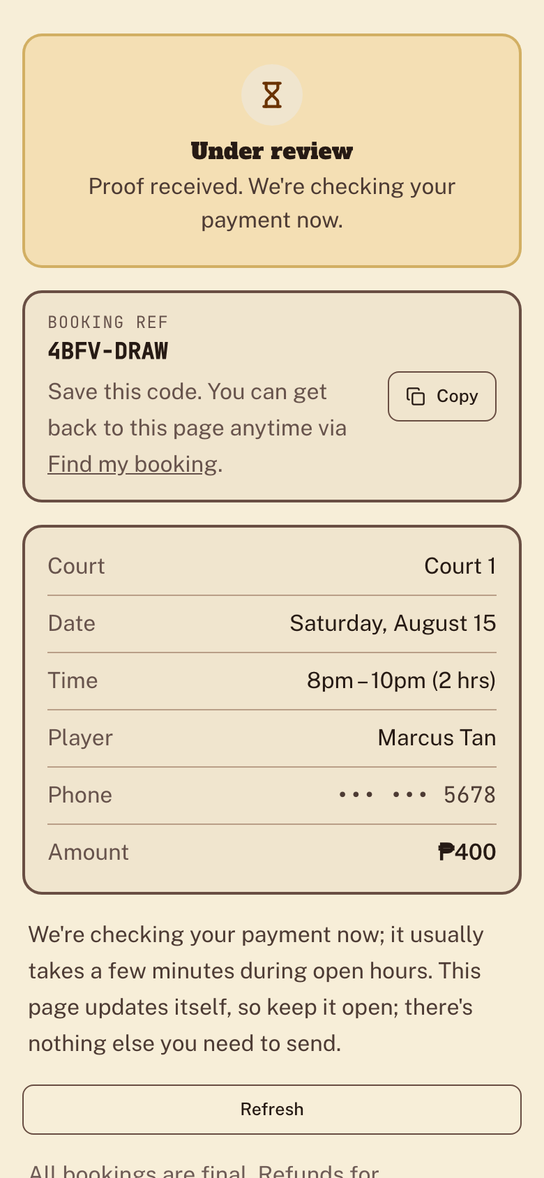 Booking page in the under-review state after proof was submitted