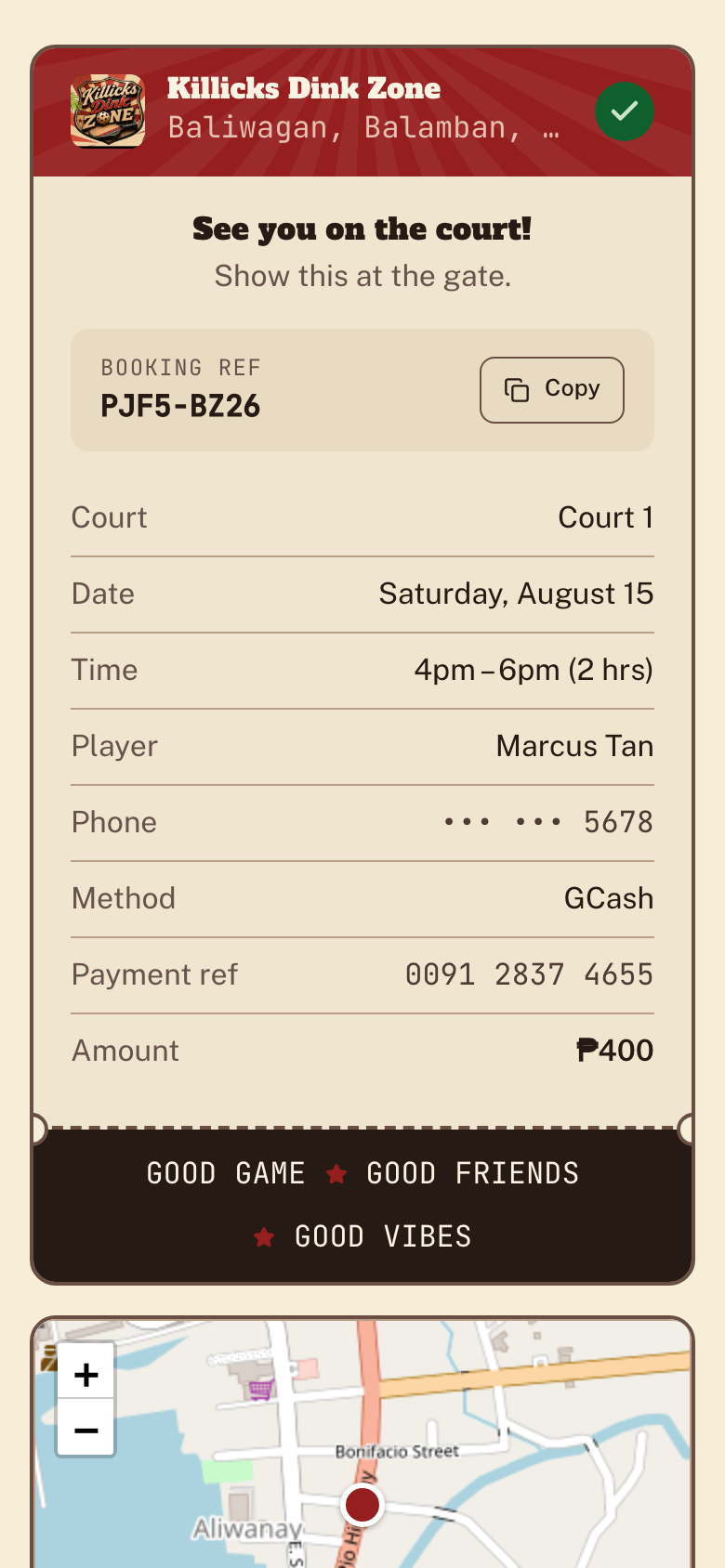 Confirmed club ticket showing court, date, time and booking reference