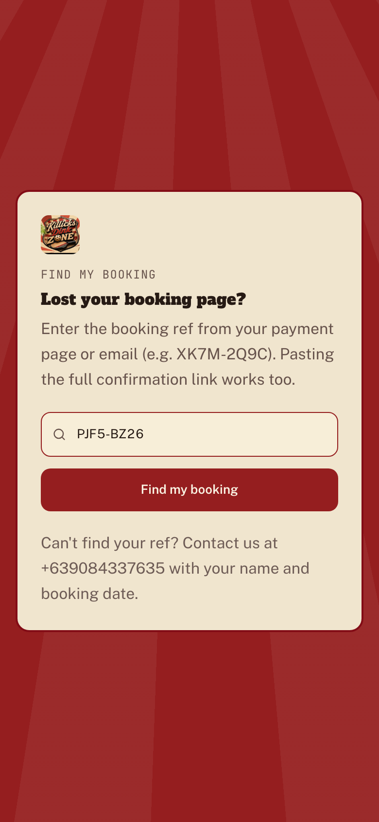 Find my booking page with a booking reference typed in